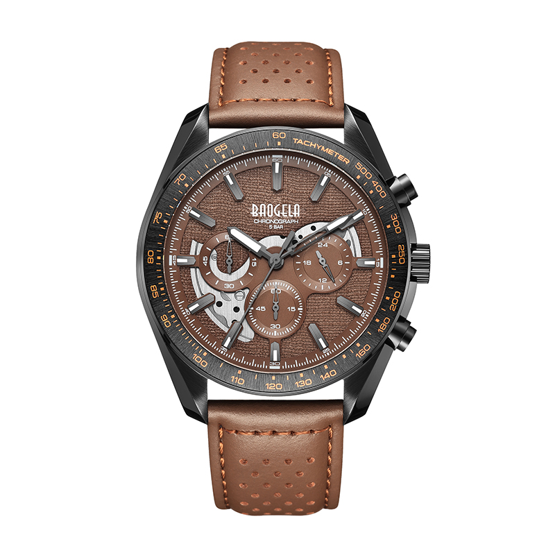 Baogela Neue Luxus -Männer Sport Quarz männlicher Chronographen Kalender Japan Bewegung 50BAR Top Brand Uhr Echtes Leder Armbandwatch 22804