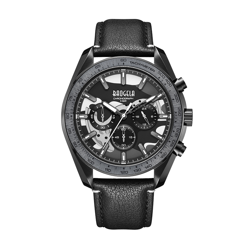 Baogela Neue Luxus -Männer Sport Quarz männlicher Chronographen Kalender Japan Bewegung 50BAR Top Brand Uhr Echtes Leder Armbandwatch 22804