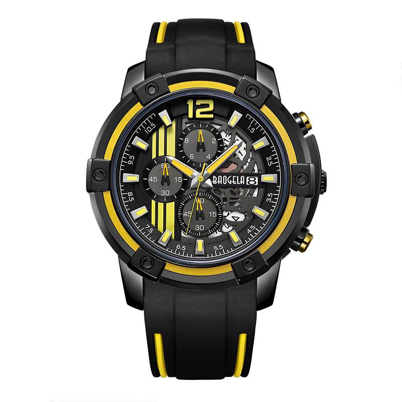 Baogel Men 's Black Silicon Gurt Quarz Uhr Uhr Chronograph Sport Armbandwatch für Mann 3atm wasserdichte leuchtende Hände gelb 22701