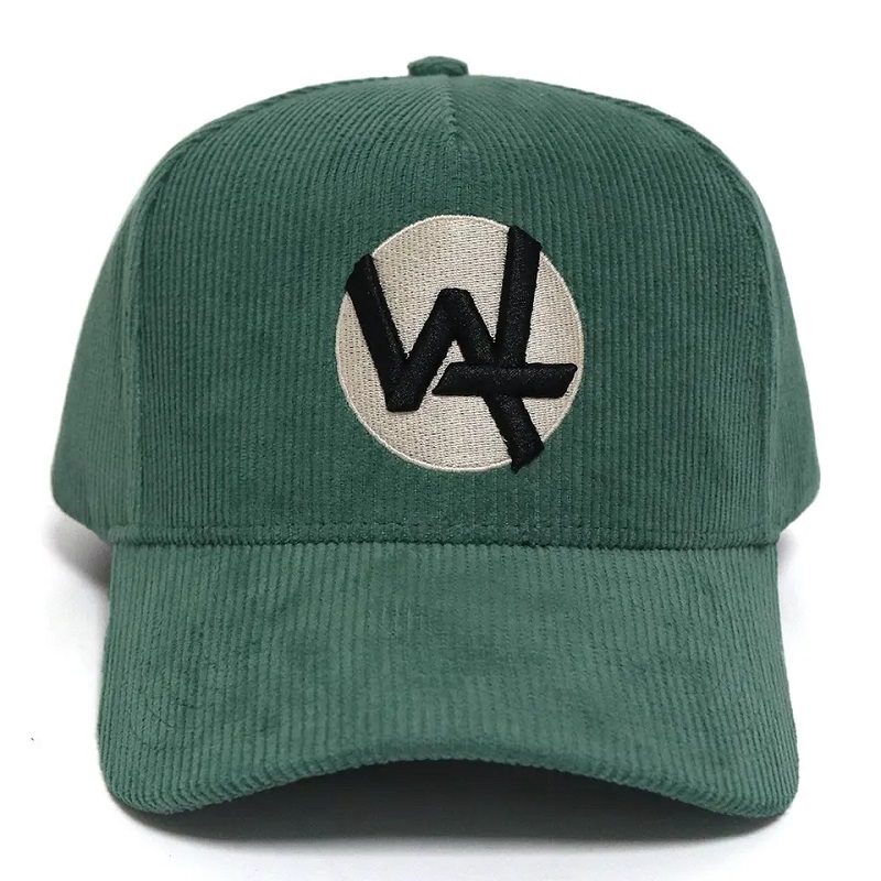 Maßgeschneiderte direkte Werksfabrik 5 Panel Baseball Cap Green Cordhut mit 3D -Puff -Sticklogo Baumwoll -Schweißband Winterkappen