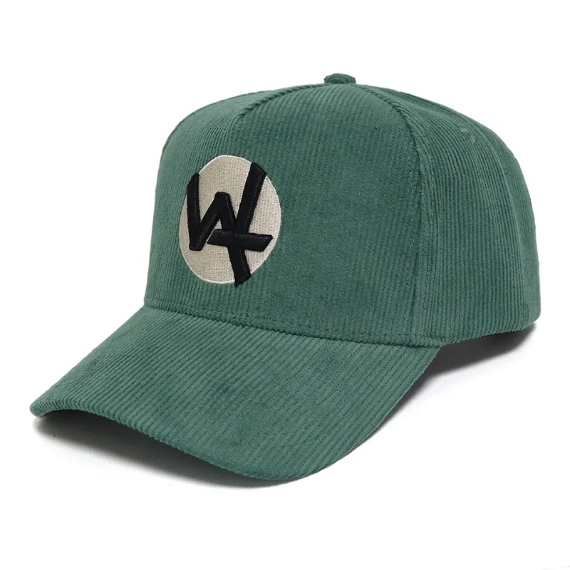 Maßgeschneiderte direkte Werksfabrik 5 Panel Baseball Cap Green Cordhut mit 3D -Puff -Sticklogo Baumwoll -Schweißband Winterkappen