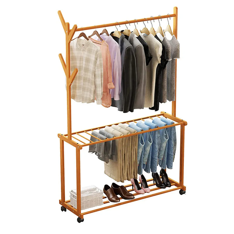 Zwei -Schicht -Lagerregal mit schwerem Roll -Pull -Stange -Kleidung Hangestange Bambus Bambus Hängestange