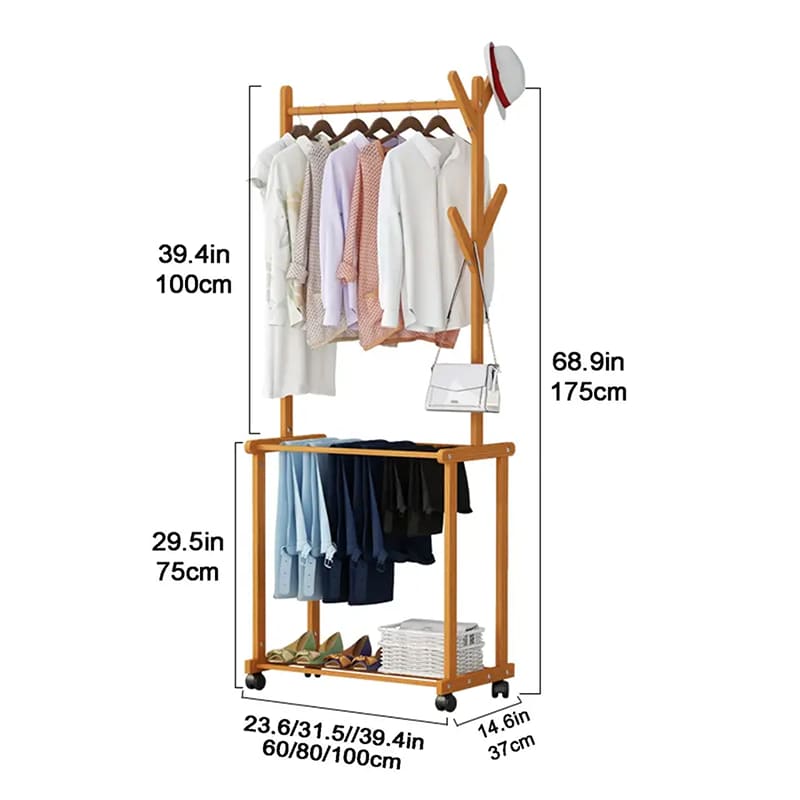 Zwei -Schicht -Lagerregal mit schwerem Roll -Pull -Stange -Kleidung Hangestange Bambus Bambus Hängestange