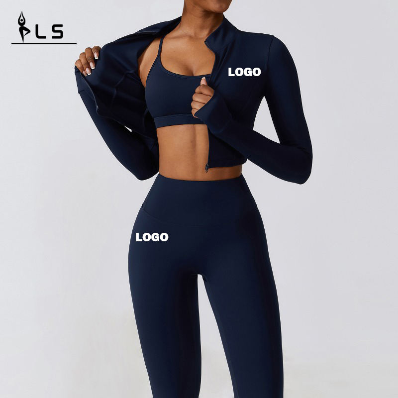 SC9281 3 Stück Jacke Sport BH Leggings Yoga Anzug schwarz Fitness Leggings Fitnessstudio Women Sets Fitnesskleidung Zip Top Active Kee