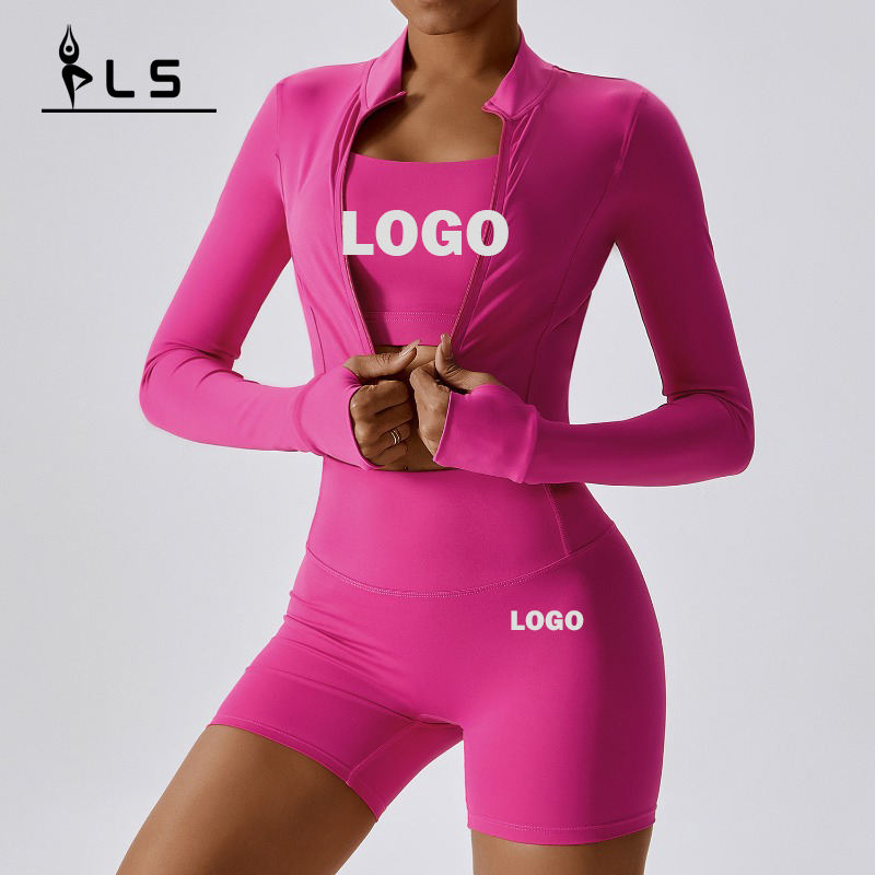 SC9273 Zipper Langarm Nahtloses Yoga Sets Elastic 3 -teiliges Shorts BH Set Fitness -Outfit 3 -teilige Yoga -Kleidung für Frauen