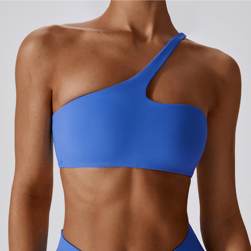 SC10188 Cross Back Yoga Sport Bra High Impact gepolstert blau ein Schulter Butt Hift Sport BH