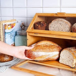 Bambus Brotbox für Küchentheke - Brot auf doppelte Schicht mit klaren Fenstern - Brotbehälter im rustikalen Bauernhausstil