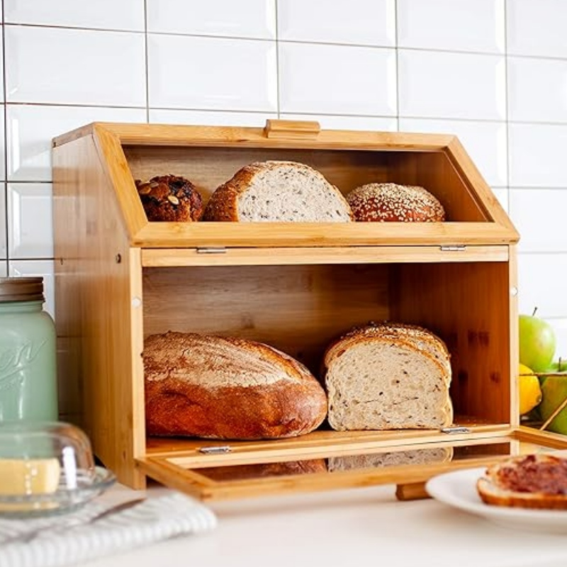 Bambus Brotbox für Küchentheke - Brot auf doppelte Schicht mit klaren Fenstern - Brotbehälter im rustikalen Bauernhausstil