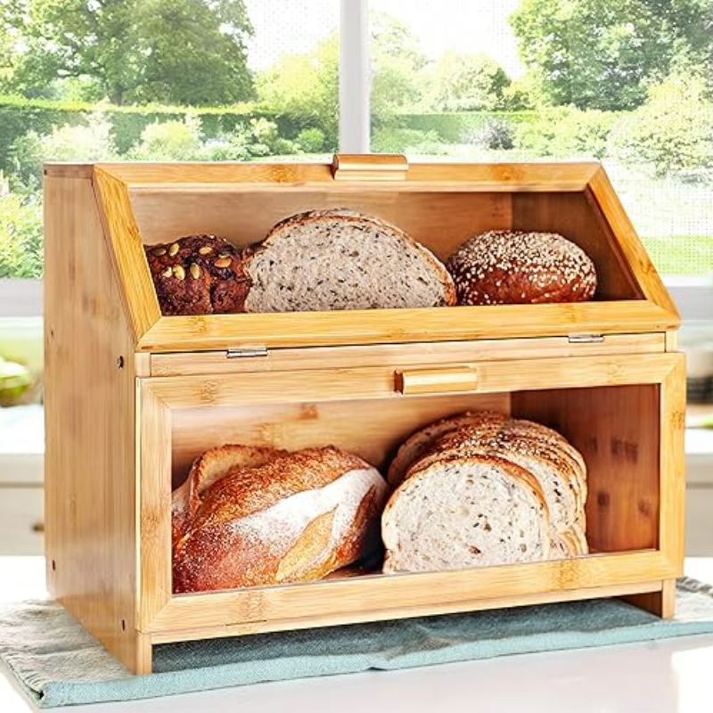 Bambus Brotbox für Küchentheke - Brot auf doppelte Schicht mit klaren Fenstern - Brotbehälter im rustikalen Bauernhausstil