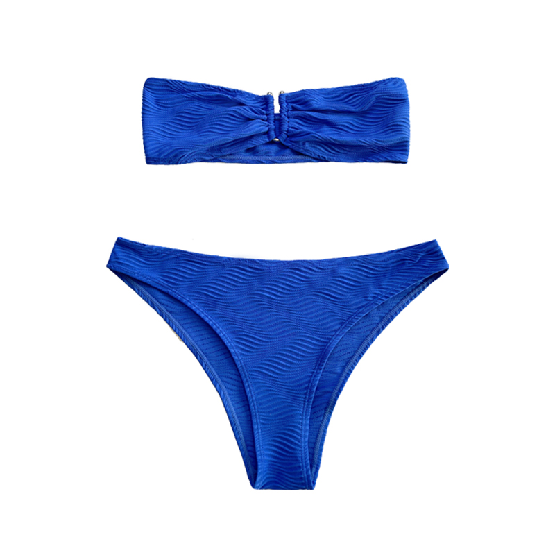 Blaues Muster Spezialer Stoff trägerloser Top U-Button Split Badeanzug