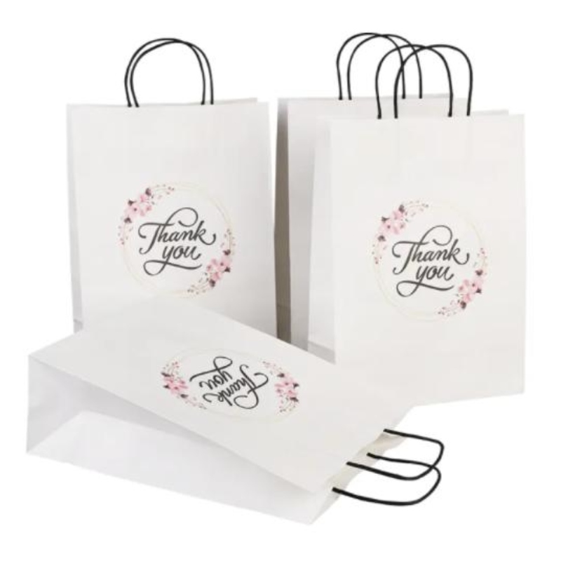 Großhandelspezifische Print Logo Fancy Thanks White Kraft Paper Tasche Spezielle Tag Hochzeit Personalized Geschenktüte mit Griff