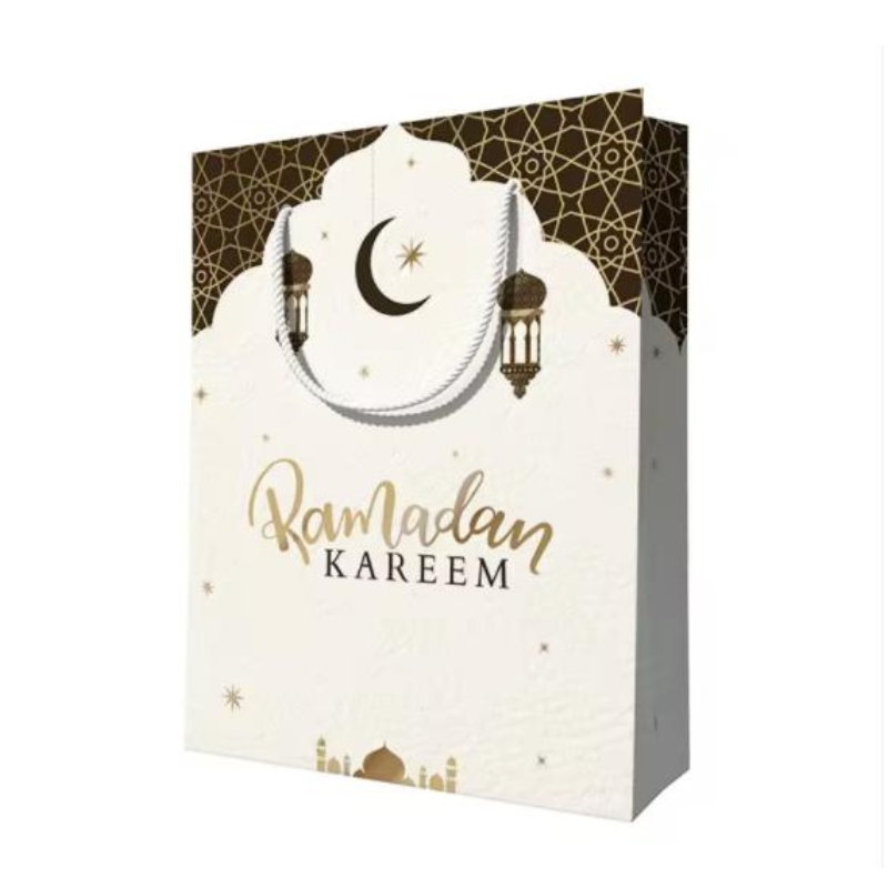 Custom Design wiederverwendbarer Eid Mubarak Ramanda Musselin Islamic Festival Einkaufspapier Geschenktüten mit Griffen