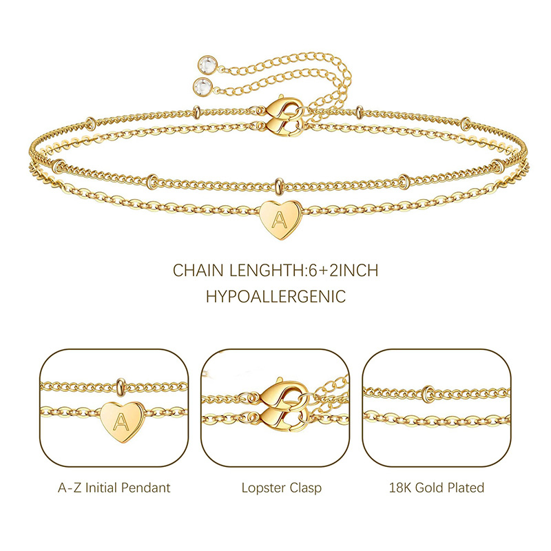 Hongde Golden Heart Armband, 18 Karat vergoldet, Buchstabe A-Z-Anfangsarmband, Herz-Armbandstapel