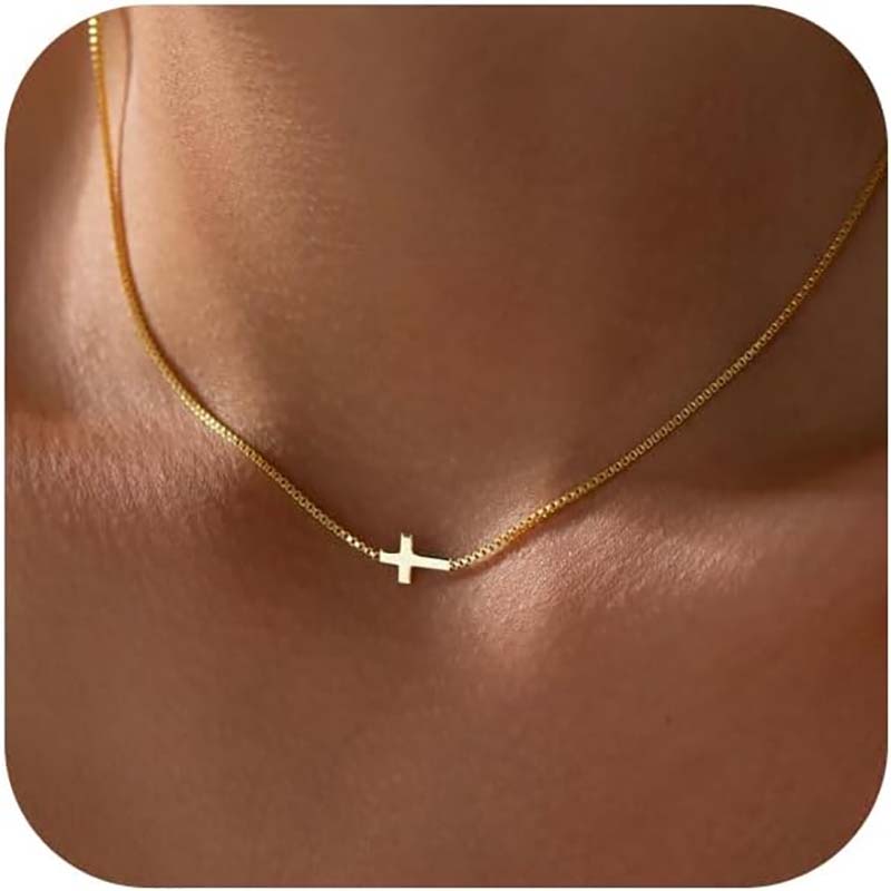 Kreuz-Halskette für Frauen, 14 Karat echtes Gold, versilbert, zierlicher kleiner Kreuz-Anhänger, Halsreif, schlicht, trendig,niedlich, Kreuz-Charm-Kette, Halskette, Glaube, Schmuck, religiöses, minimalistisches Geschenk