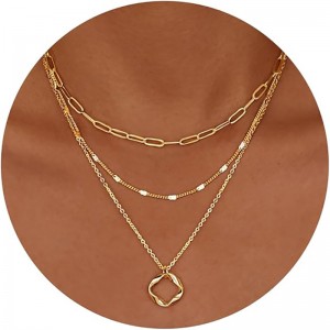 Minimalistisches Doppelzimmer-Layer-Halskette, 4 Karat Gold, versilbert, trendige Kreis-Büroklammer-Kettenanhänger-Choker-Halskette, schlichtes Gold-Diamant-Kreuz-Schleifen-Schmuckset, Geschenke für Frauen