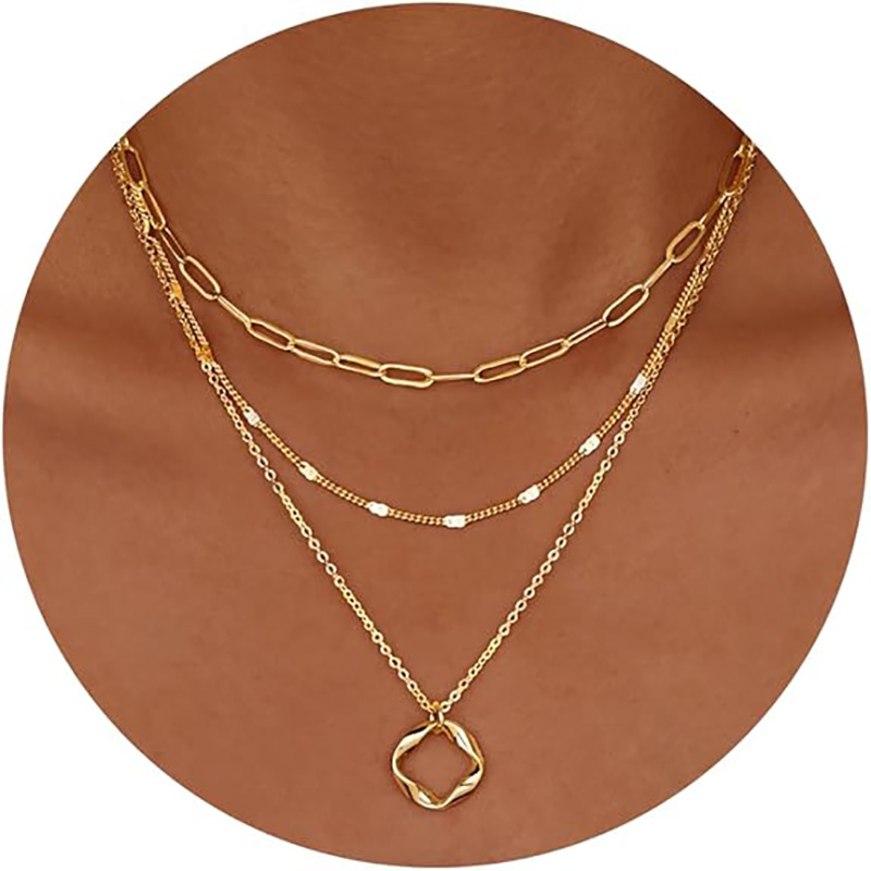 Minimalistisches Doppelzimmer-Layer-Halskette, 4 Karat Gold, versilbert, trendige Kreis-Büroklammer-Kettenanhänger-Choker-Halskette, schlichtes Gold-Diamant-Kreuz-Schleifen-Schmuckset, Geschenke für Frauen