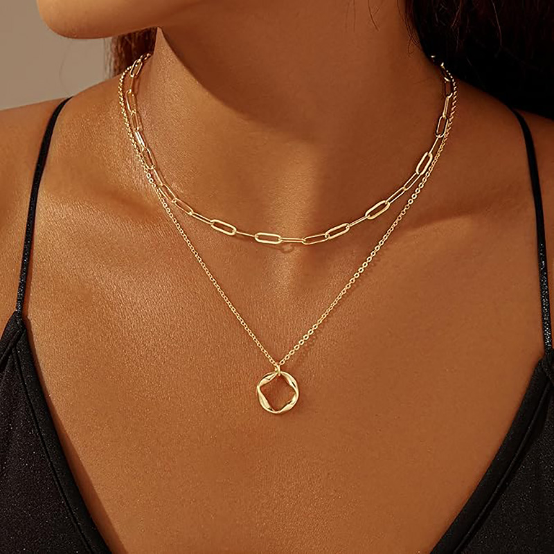 Minimalistisches Doppelzimmer-Layer-Halskette, 4 Karat Gold, versilbert, trendige Kreis-Büroklammer-Kettenanhänger-Choker-Halskette, schlichtes Gold-Diamant-Kreuz-Schleifen-Schmuckset, Geschenke für Frauen