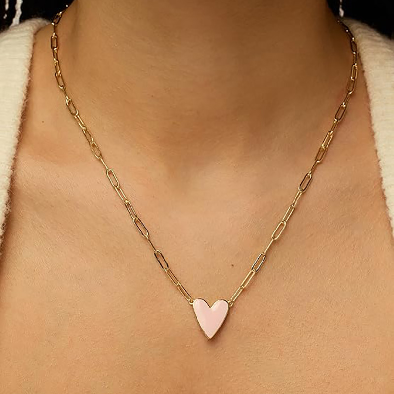 14K vergoldete Herz-Emaille-Anhänger-Halskette für Frauen, Liebes-Büroklammer-Kette, Halsketten, Blau, Rosa, Lila, Weiß, Emaille-Herz-Anhänger