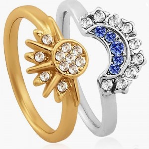 Himmlischem Sonne und Mond Verstellbarer Ring - 18k Gold & Platinplattierte Kupferlegierung offen-Bandring mit Weiß & Blaue kubische Zirkonia für Astrologieliebhaber und elegante Modekleidung