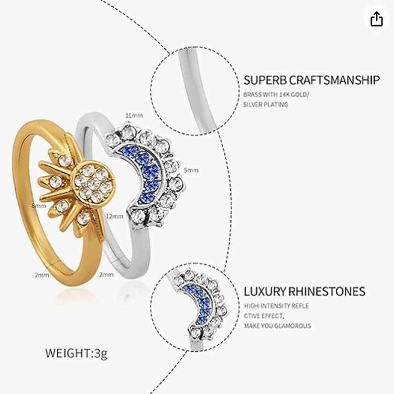 Himmlischem Sonne und Mond Verstellbarer Ring - 18k Gold & Platinplattierte Kupferlegierung offen-Bandring mit Weiß & Blaue kubische Zirkonia für Astrologieliebhaber und elegante Modekleidung