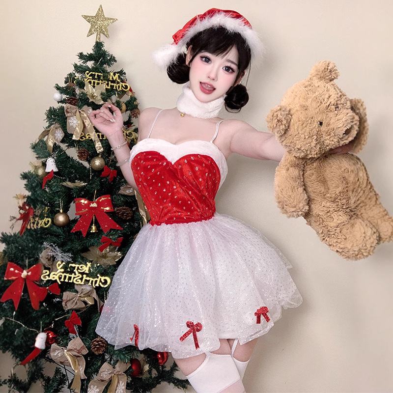 Neues Weihnachtskostüm für Bühnenaufführungen. Eine rote Form - Passende Spitzenkleid -Uniform -Set für Weihnachten und denneuen Jahr108 -Preis: Preis:$89.99