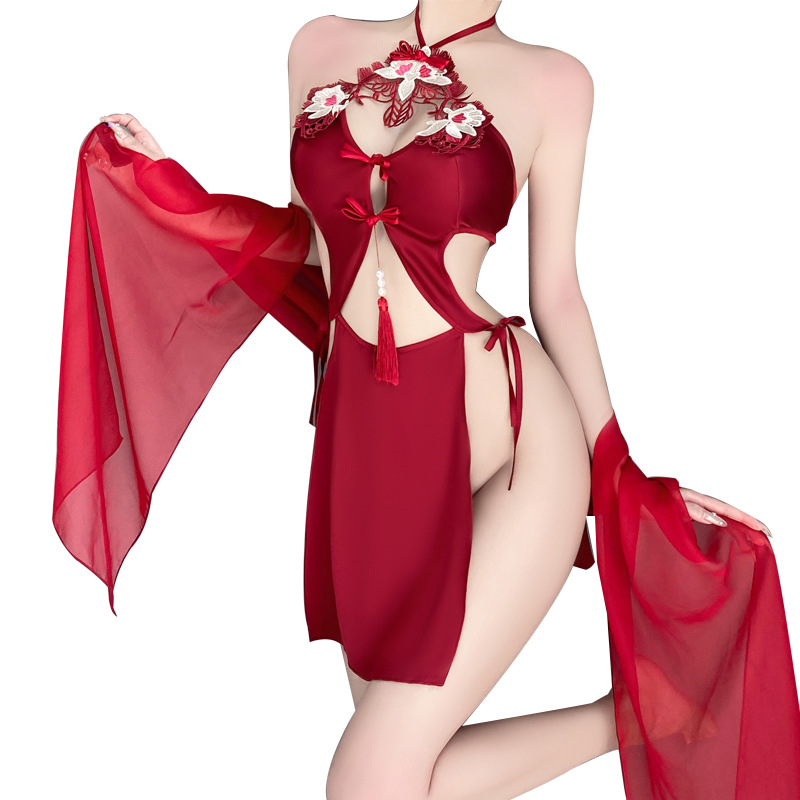 Retro - Stil sexy Dessous Set für Frauen: Halfter - Hals mit Krawatte - Updetails, zarte Stickerei, rein -noch - Verführerischer Stil, hohl - out und rückenfreies Design in einer Uniform - inspiriert Look 4291Price:$169.99