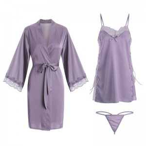 Sexy und komfortable Spitze-getäfelte, rein und verführerische Satin -Nachthemd mit Seitenschlitzen und Krawattengurten, gepaart mit einem Robe, einem Hauswarenset: 542 Preis:$149.99