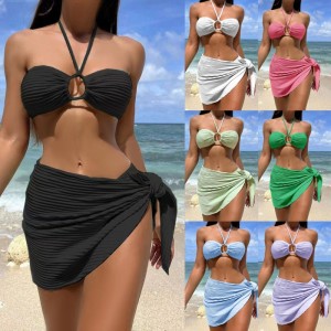 Sexy Bikini Badeanzug Drei-Stück Set mit einem reinen Rock, Halfter-Nackenstil, fester Farbbadeanzug für Frauen, in Lagerbestand erhältlich und mehrere Farben SY816 PREIS:$79,99