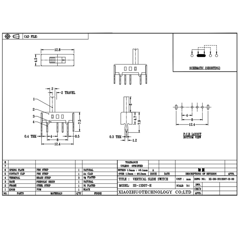 Kippschalter SS13D07 Single-Reihe vier-Pin -Mikro -Kippschalter, vertikaler Kippschalter für Elektrogeräte, 3, 4, 5 und 6 Positionen Schalterschalter