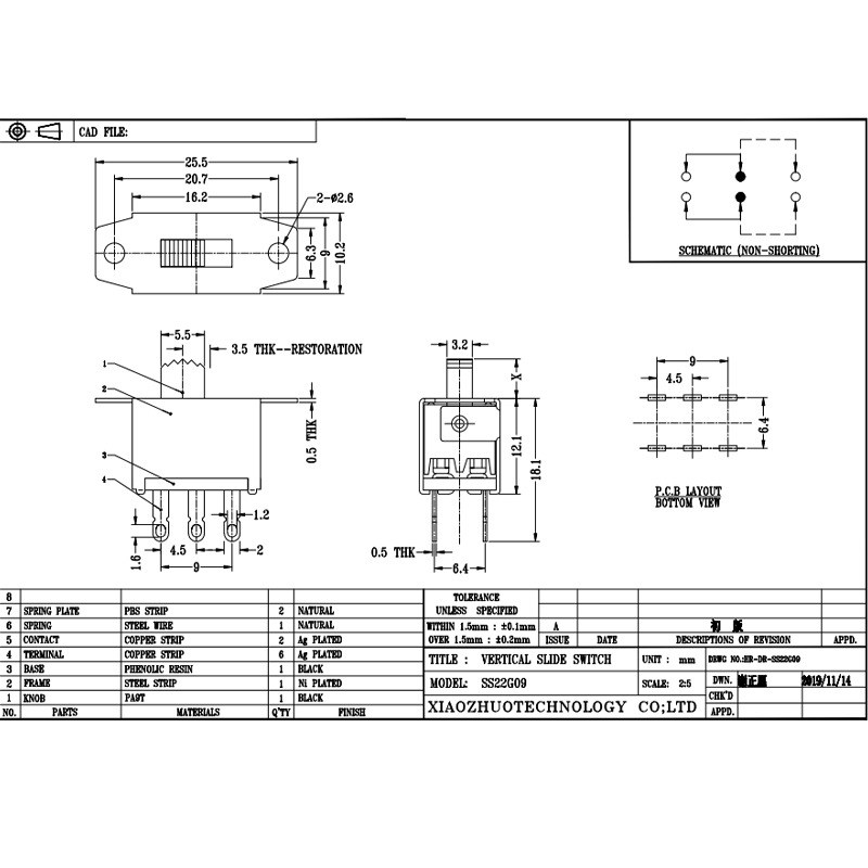 Slide Switch SS22G09 für den geschwungenen Roboter ist ein Doppel-Reihe 6-Pin vertikaler Schalter des Umschalters
