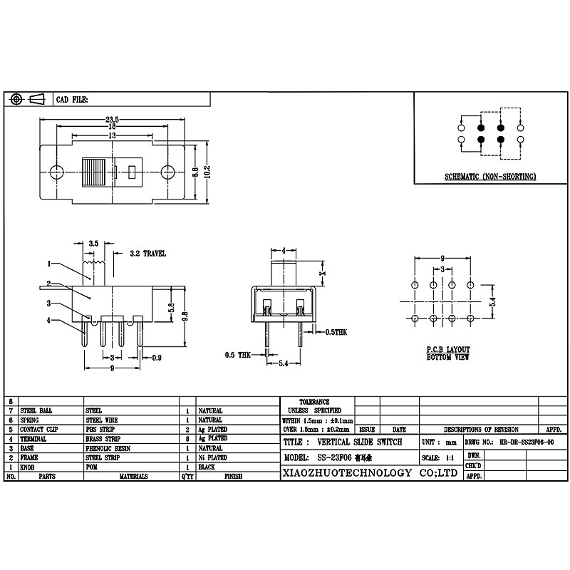 Slide Switch SS23F06 Benutzerdefiniert-doppelt gemacht-Reihe 6-Pin vertikaler Staubsauger -Reiniger Fair -Trockner -Schaltschalter