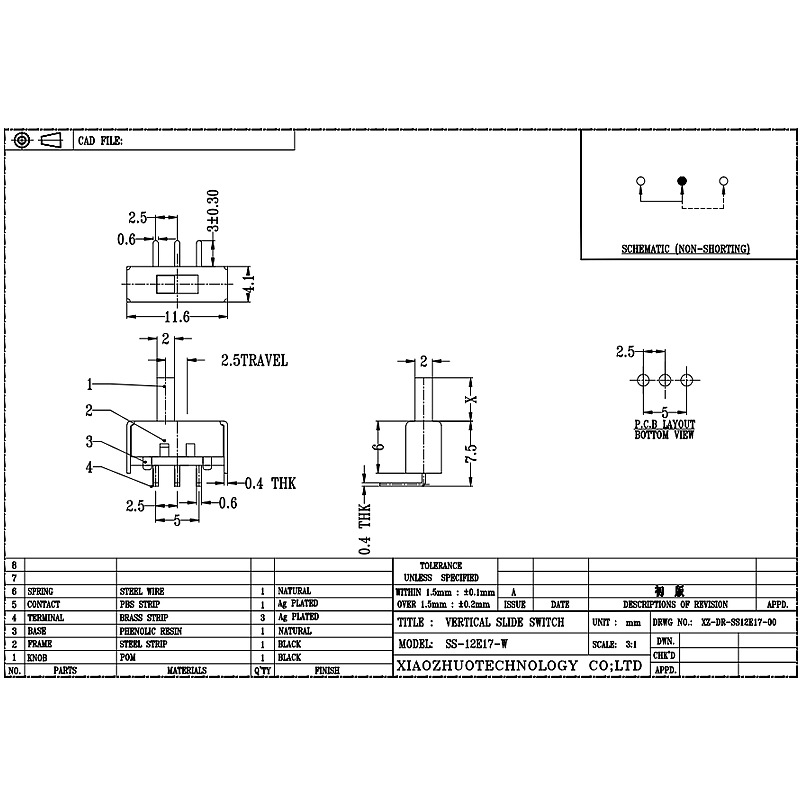 Schaltungsschalter SS12E17 Elektrischer Heizungsschalter Biegung Fuß 2-Position 3-Pin -Kippschalter