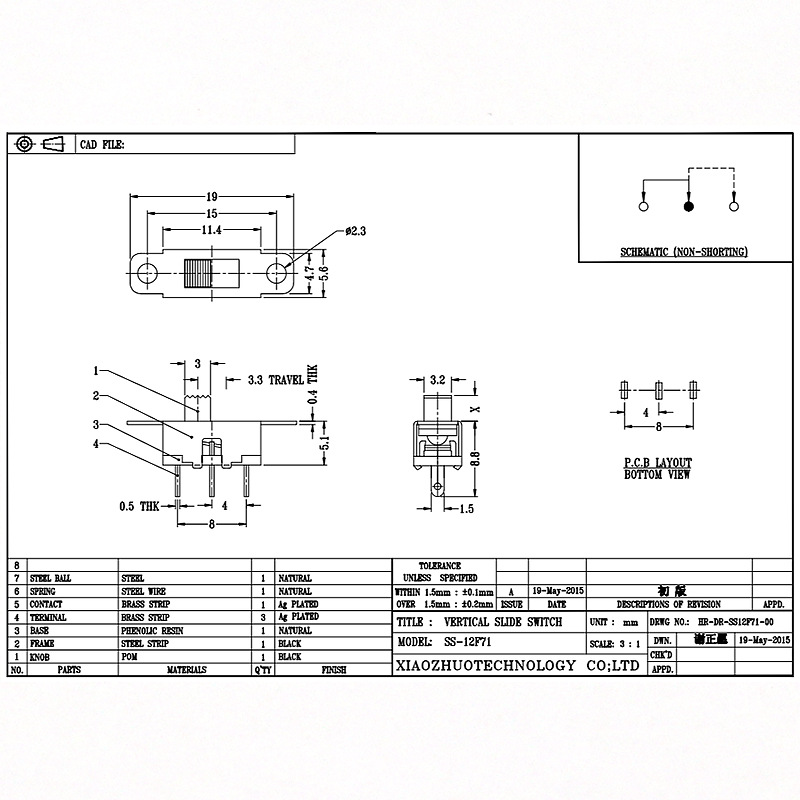 Slide Switch SS12F71 Toy Audio Single-Reihe drei-Pin Schaltschalter LED LEG Light Micro vertikaler Schleifschalter