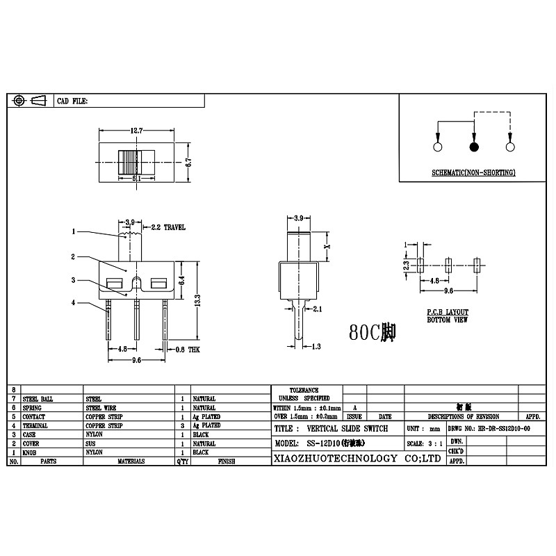 Schleifschalter SS12D10 Elektronischer Spielzeugschieberschalter 2-Position 3-Pin Single-Bühnenbandschalter